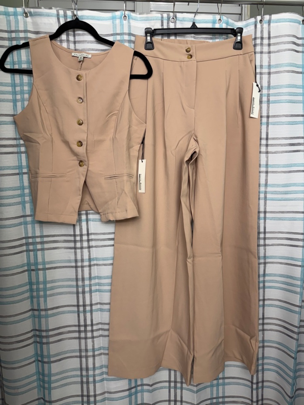 Haute Monde Beige Sleeveless Button Vest & Wide-Leg Pants Set